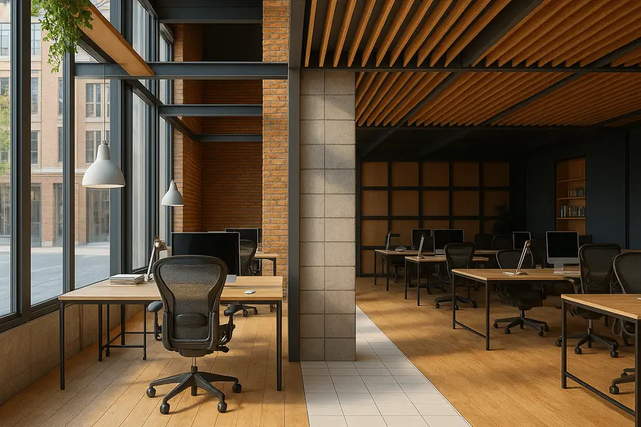 Open office workspace with desks, seating, and meeting areas