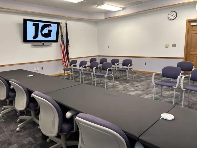 School board hearing room with Zoom Room and Zoom Webinar