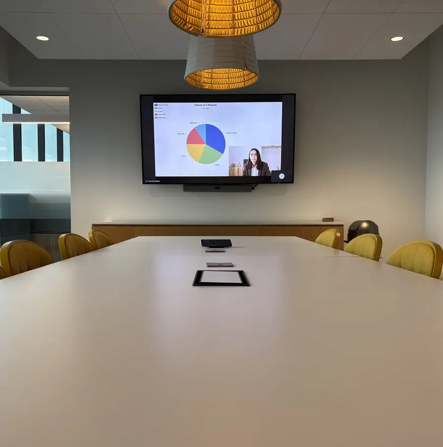 Meeting room with a wall display sharing a presentation