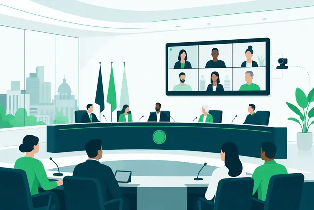 Illustration of a city council chamber with a video meeting display and streaming camera