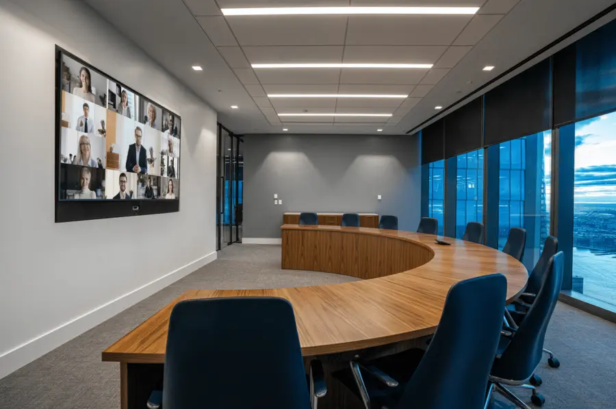 Large curved boardroom with a wall display showing a gallery of remote participants