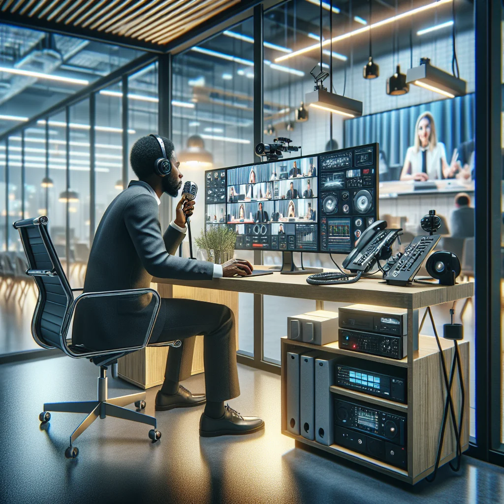 Illustration of a desk video call with a headset