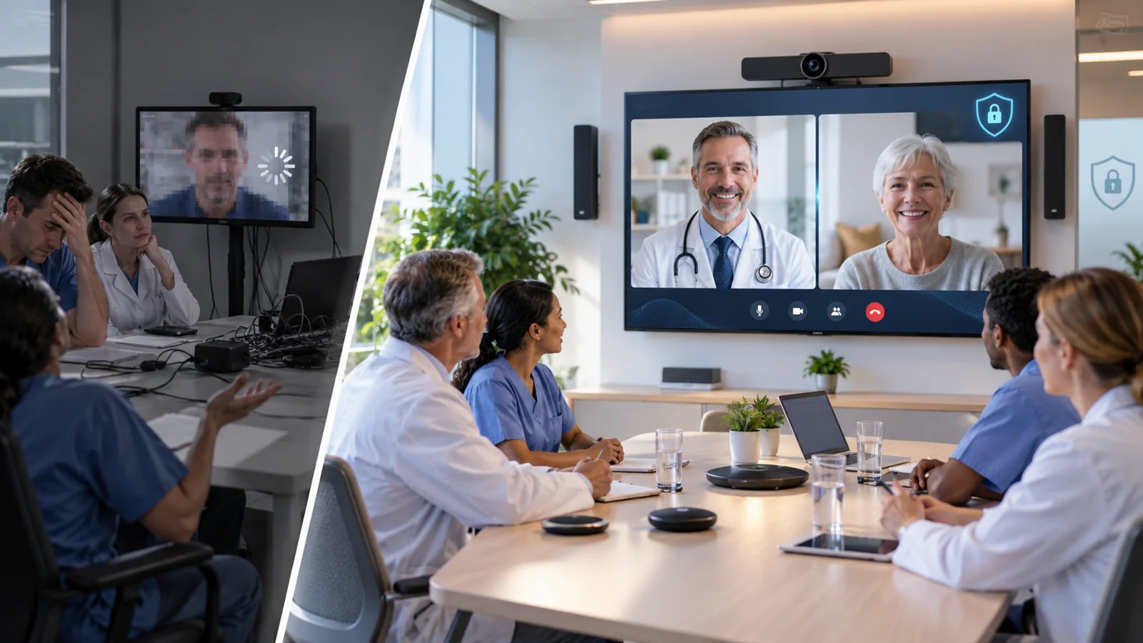 Illustration of clinicians joining a telehealth video visit from a conference room