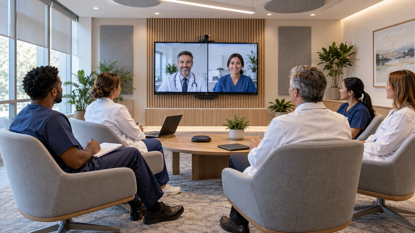 Illustration of a telehealth consultation on a lounge video display